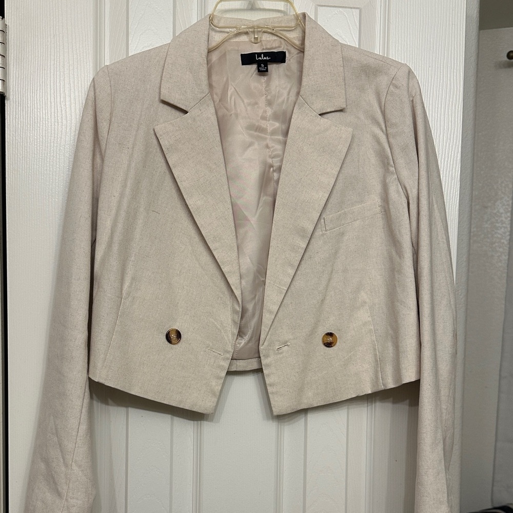 Lulus Oatmeal Linen Cropped Blazer